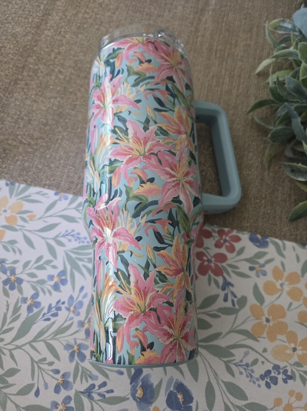 Floral Pink & Teal Insulated Travel Mug with Handle